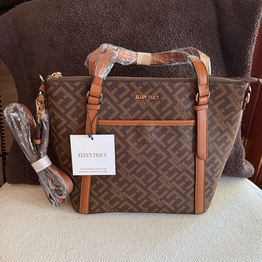 Ellen Tracy Brown Logo Monogram Tote with Tan Trim